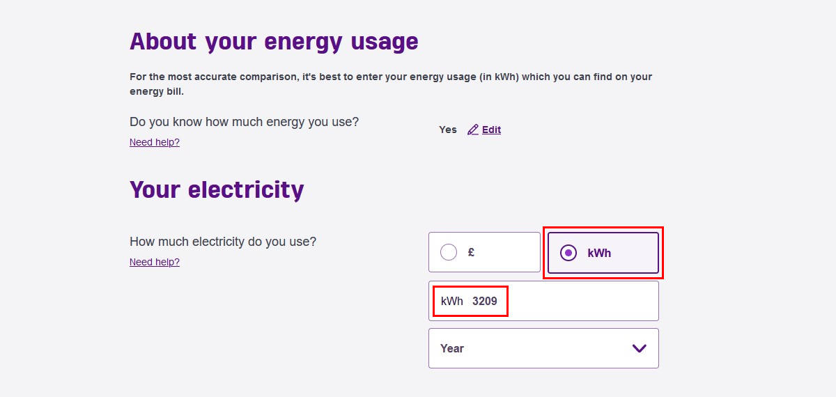 Electricity usage form on price comparison website