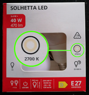 Highlighting colour temperature label on LED bulb packaging