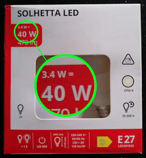 Highlighting wattage label on LED bulb packaging