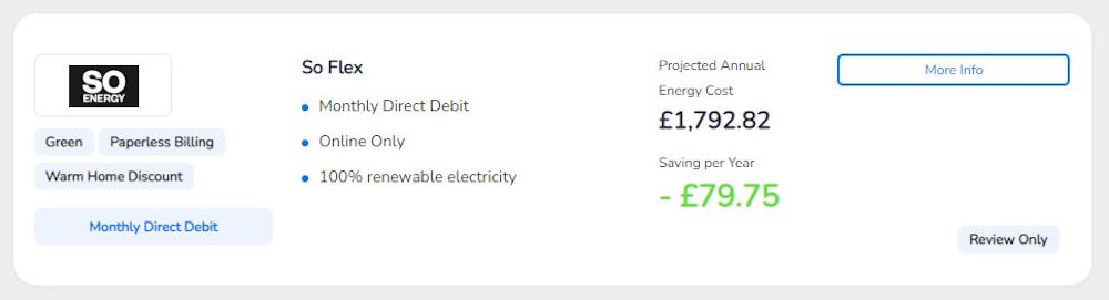 So Energy quote for variable tariff via My Utility Genius