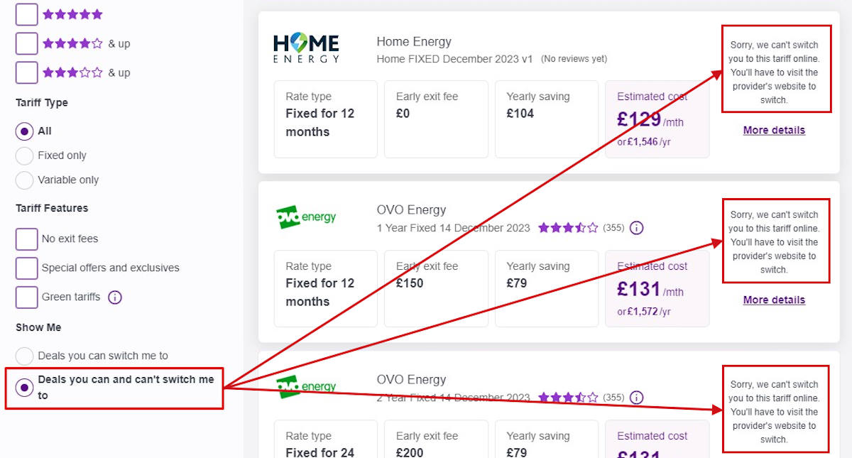 Energy price comparison results filter options