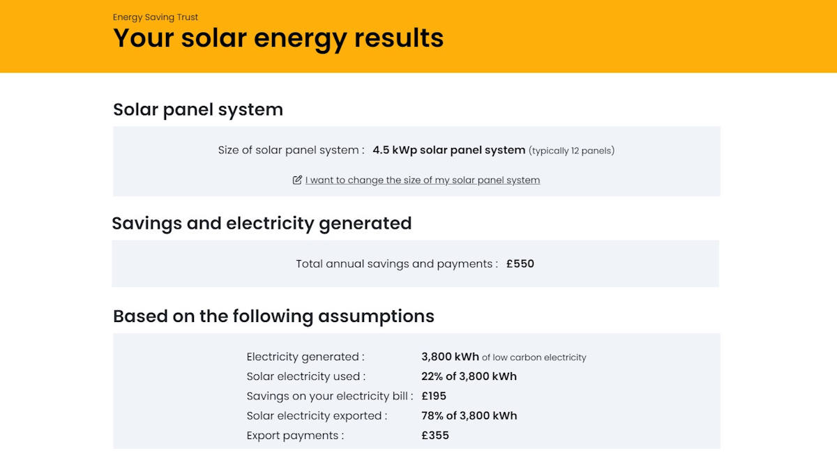 Screenshot of Energy Saving Trust solar calculator results